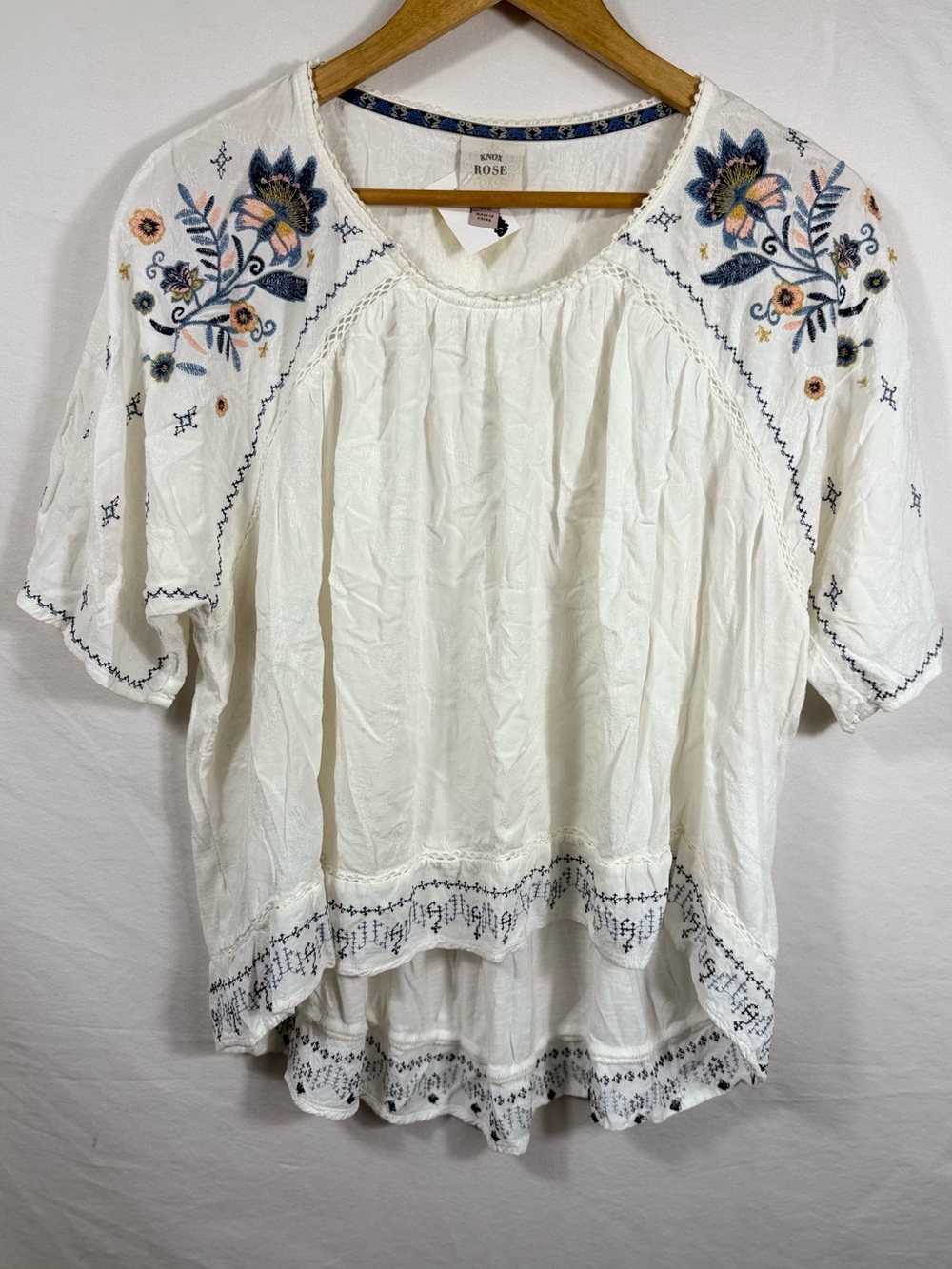 Knox Rose White Peasant Blouse with Navy & Peach Floral Embroidery